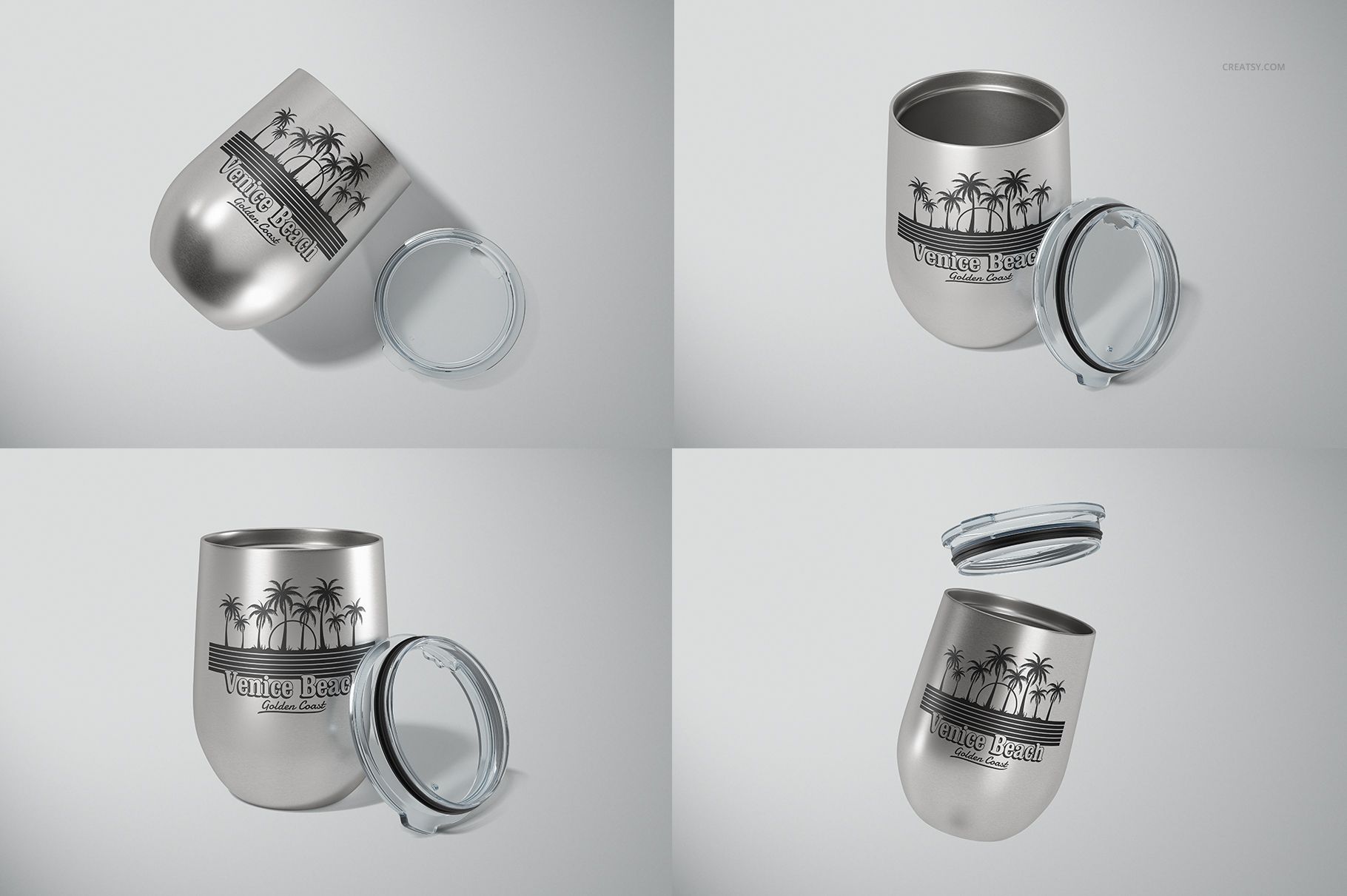 Four views of a 12 oz stemless wine cup mockup in silver, featuring a palm tree graphic and removable clear lid on a light background.