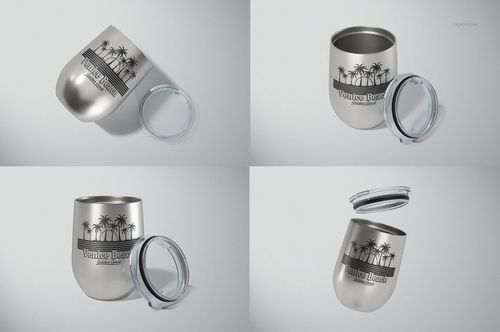 Four views of a 12 oz stemless wine cup mockup in silver, featuring a palm tree graphic and removable clear lid on a light background.