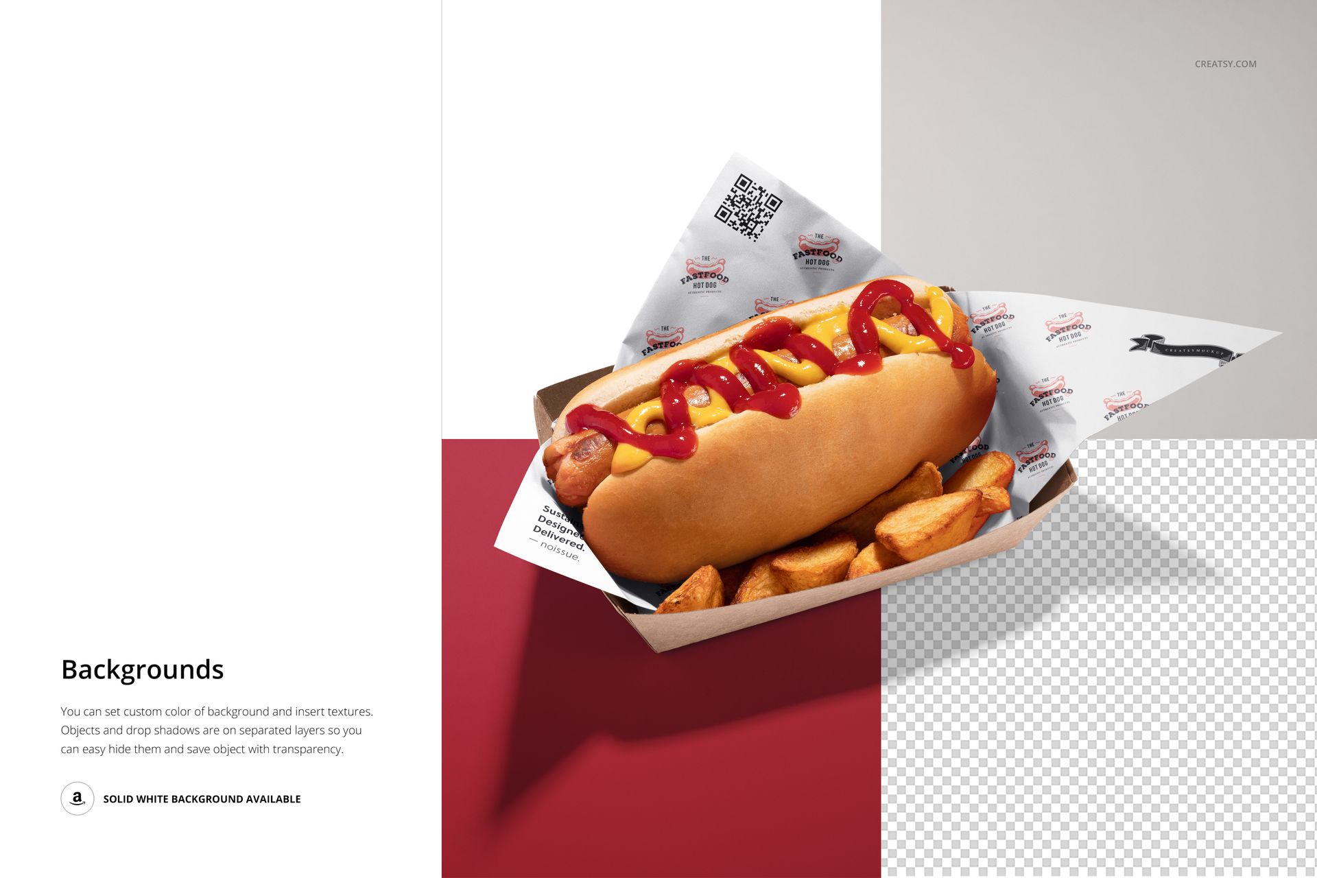 Hot dog and potato wedges in a cardboard tray, wrapped in white patterned food safe paper, PSD mockup scene.