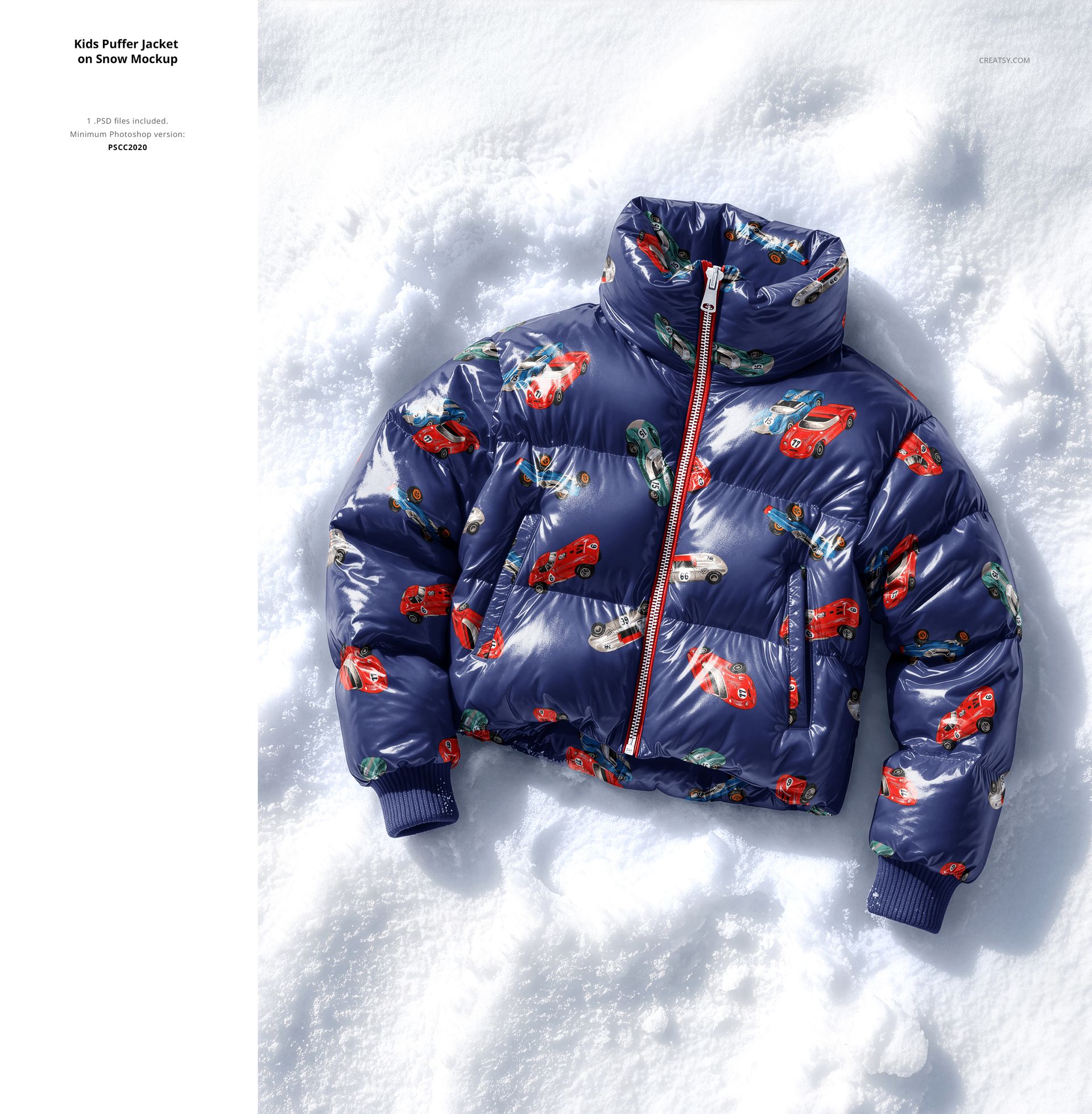 PSD mockup of a children's puffer jacket featuring vibrant car illustrations, photographed lying on snowy ground.