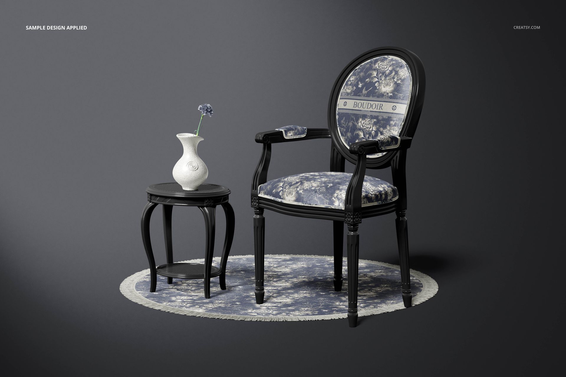 Mockup of a classic armchair with rounded back and blue patterned fabric, placed next to a black side table and vase on a circular rug.