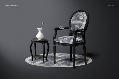 Mockup of a classic armchair with rounded back and blue patterned fabric, placed next to a black side table and vase on a circular rug.