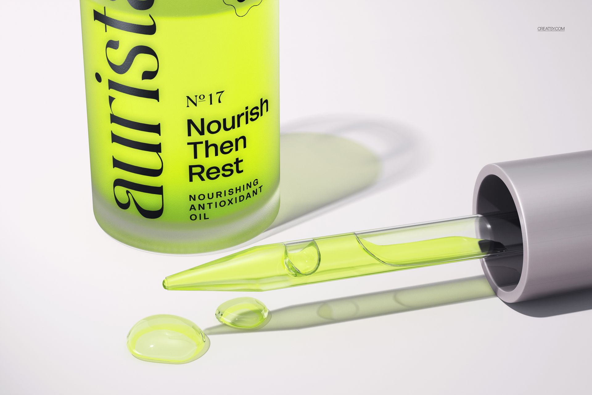 PSD mockup showing a cosmetic dropper bottle with vivid yellow liquid, glass pipette, and drops beside the bottle.