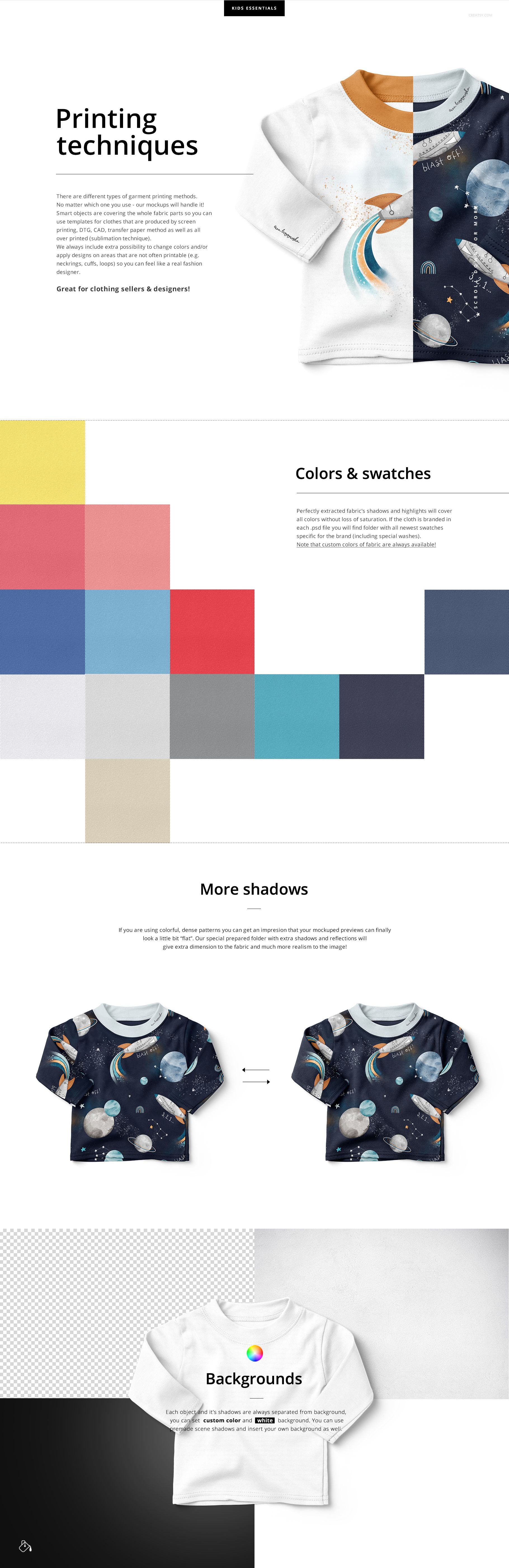 Front view of baby and toddler long-sleeve sweatshirts mockup, featuring colorful space-themed designs and printing examples.