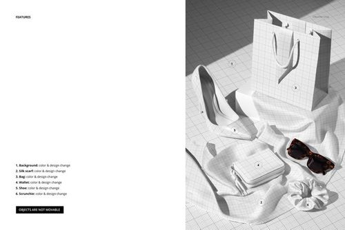 Top view of a silk scarf, scrunchie, high heels, wallet, and paper bag arranged on a textured surface in a fashion accessories mockup.