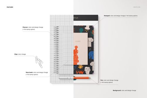 Stationery set mockup featuring a spiral planner, notepad, pencil, and paper clips on a white surface, top view.