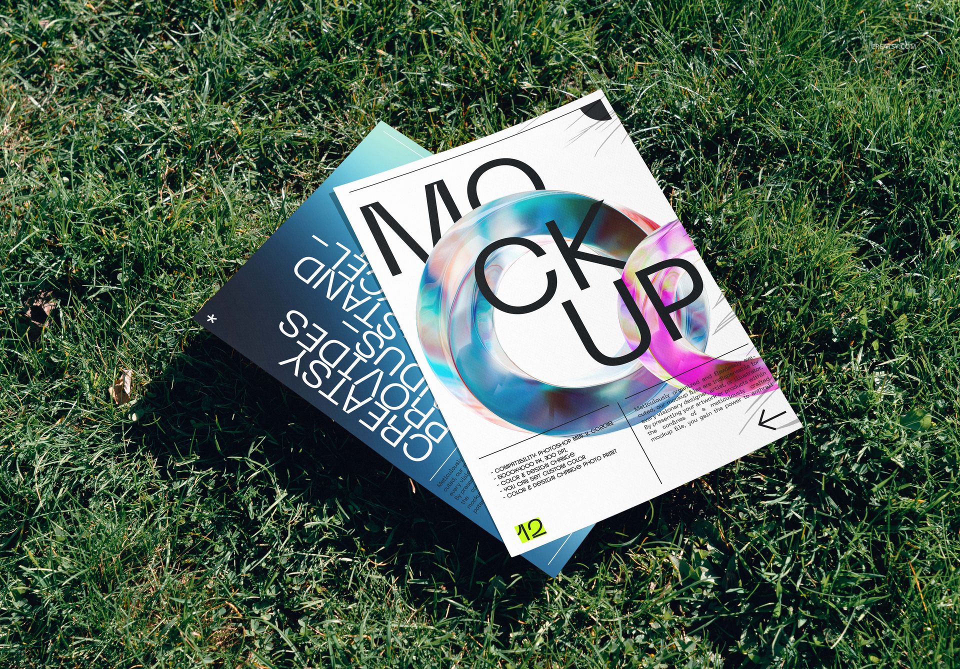 Two posters with modern graphic designs lying on green grass, viewed from above, part of an outdoor mockup set.