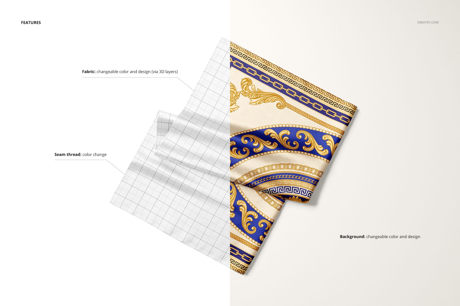 Folded satin scarf mockup showing one half with a blue and gold ornate pattern, the other half with a grid design.
