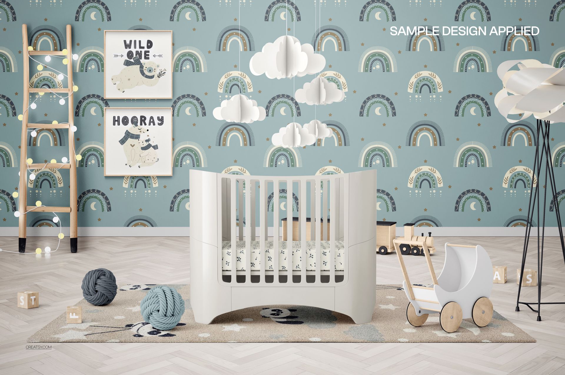 PSD mockup showing an oval baby crib and toy pram in a kids room with rainbow-themed wall art and soft decor.