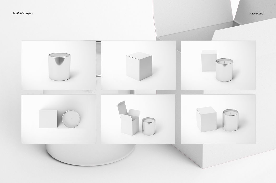 Metallic candle and candle box mockup set displayed in six angles on a white background, featuring minimal props.