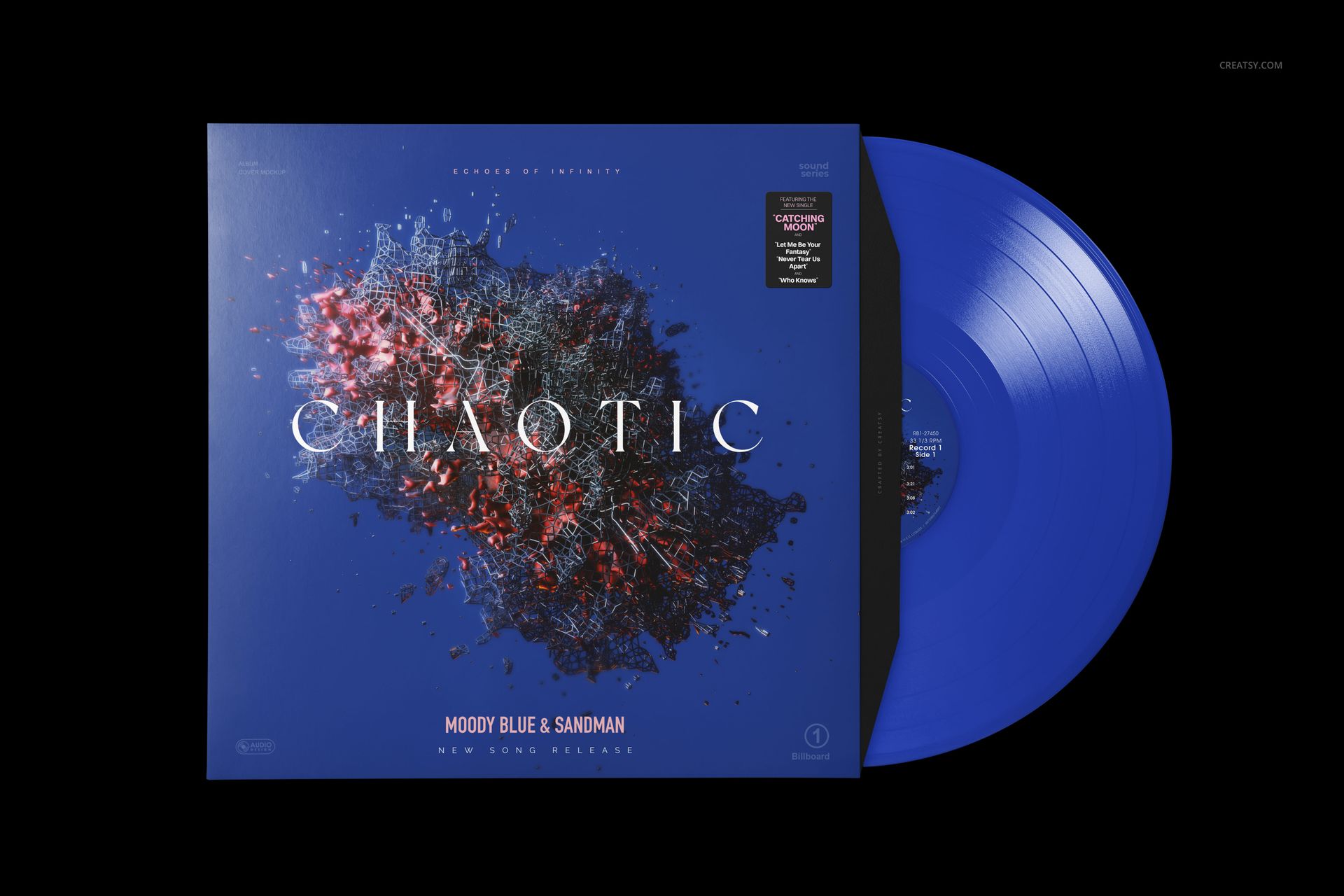 Colored vinyl record mockup featuring a vibrant blue disc and a blue album sleeve with chaotic graphic design, top angle.
