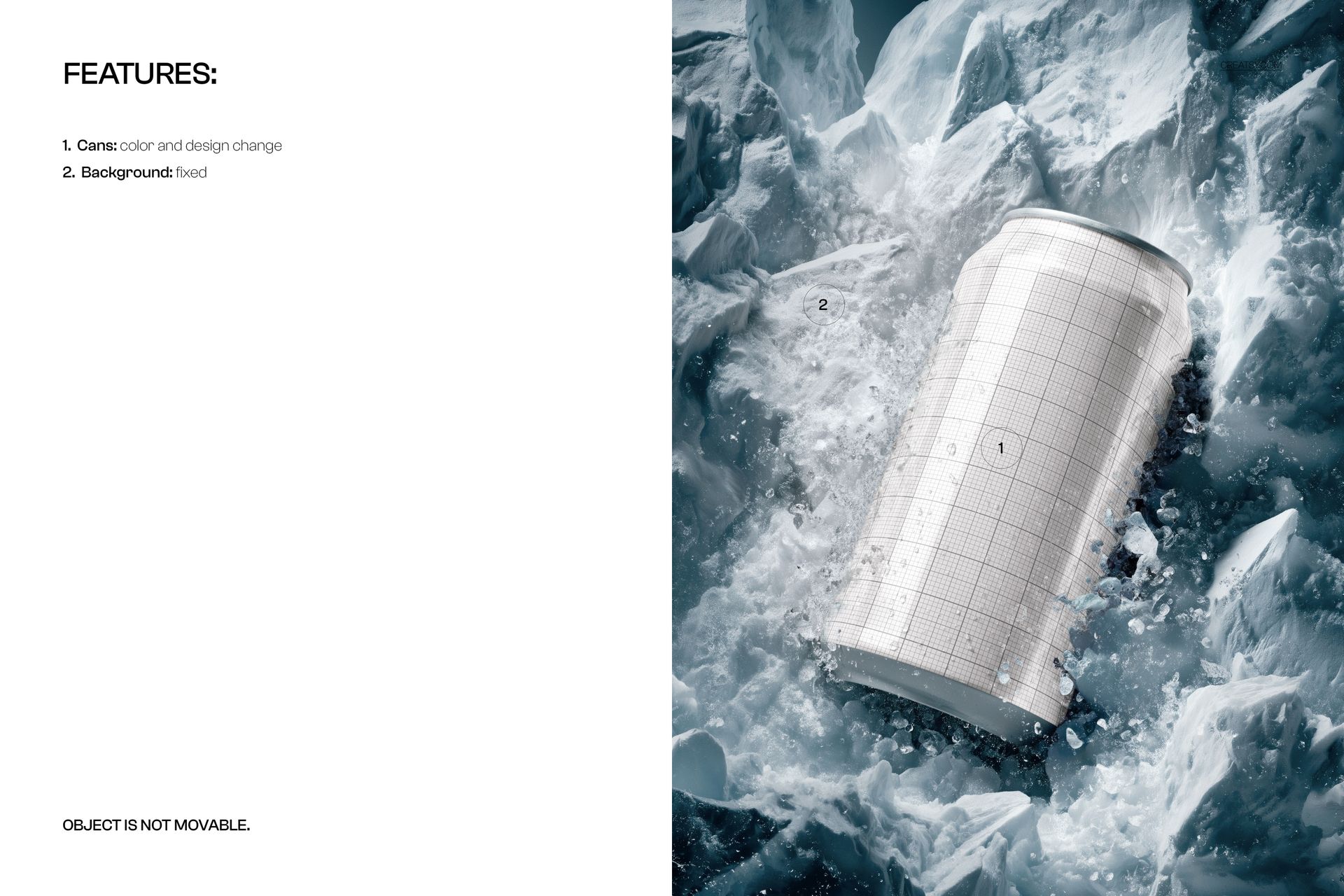 Beverage can mockup with grid pattern, shown in a frozen environment surrounded by ice chunks, front view.
