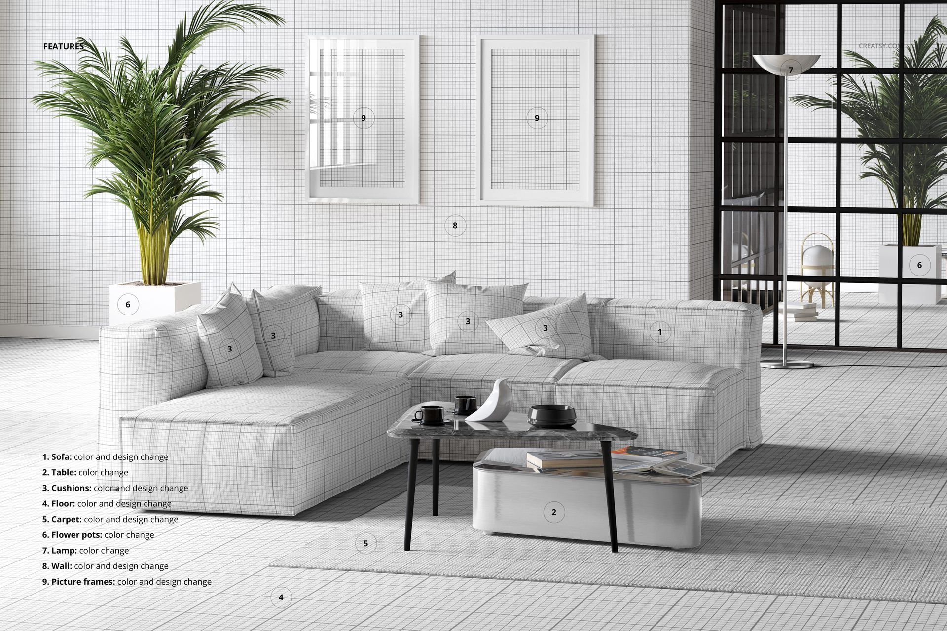 Front view of a contemporary living room featuring a grid-pattern sofa, pillows, wallpaper, and coffee tables in a mockup scene.