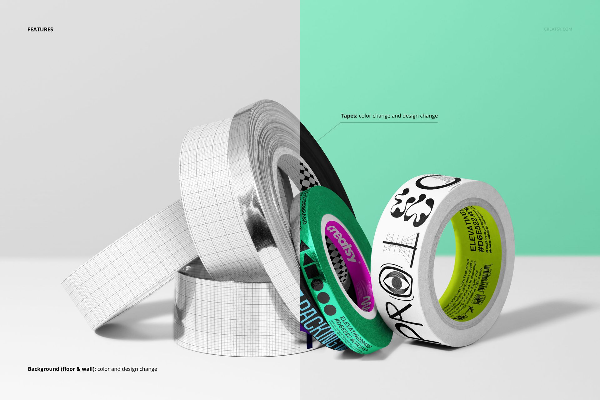 Assorted packaging tape rolls featuring grid, metallic, and printed designs, displayed in a PSD mockup scene.