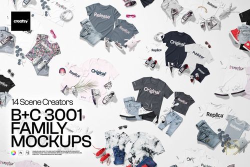 Flat lay of various adult apparel mockups in different colors and styles, arranged with props and accessories.