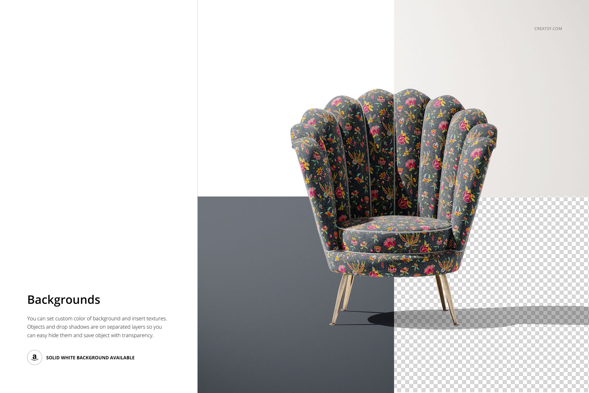 Velvet shell armchair mockup featuring dark fabric with colorful floral print, gold legs, and half-transparent background.