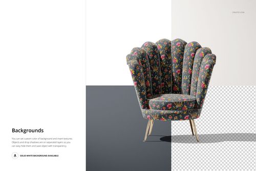 Velvet shell armchair mockup featuring dark fabric with colorful floral print, gold legs, and half-transparent background.