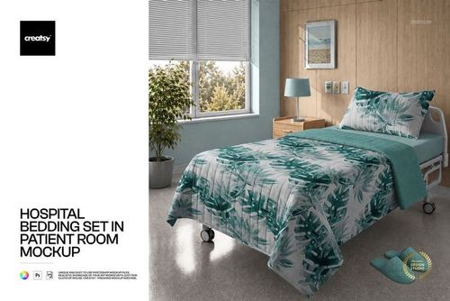 PSD mockup of hospital bedding set featuring tropical leaf design, bed positioned in clinical room with natural light.