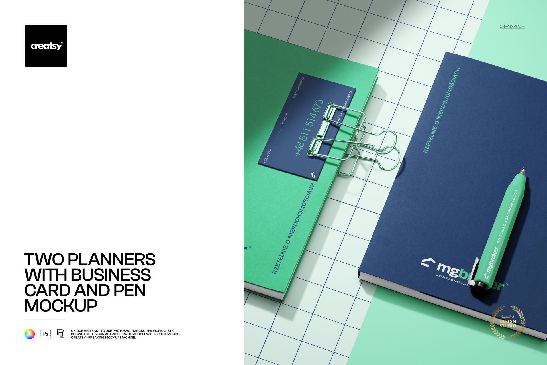 PSD mockup showing two planners, business card, and pen from above, with a grid pattern and soft shadows.