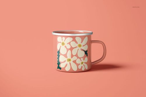 PSD mockup of a 360ml enamel mug with silver rim, decorated with white flowers and displayed on a pink surface.