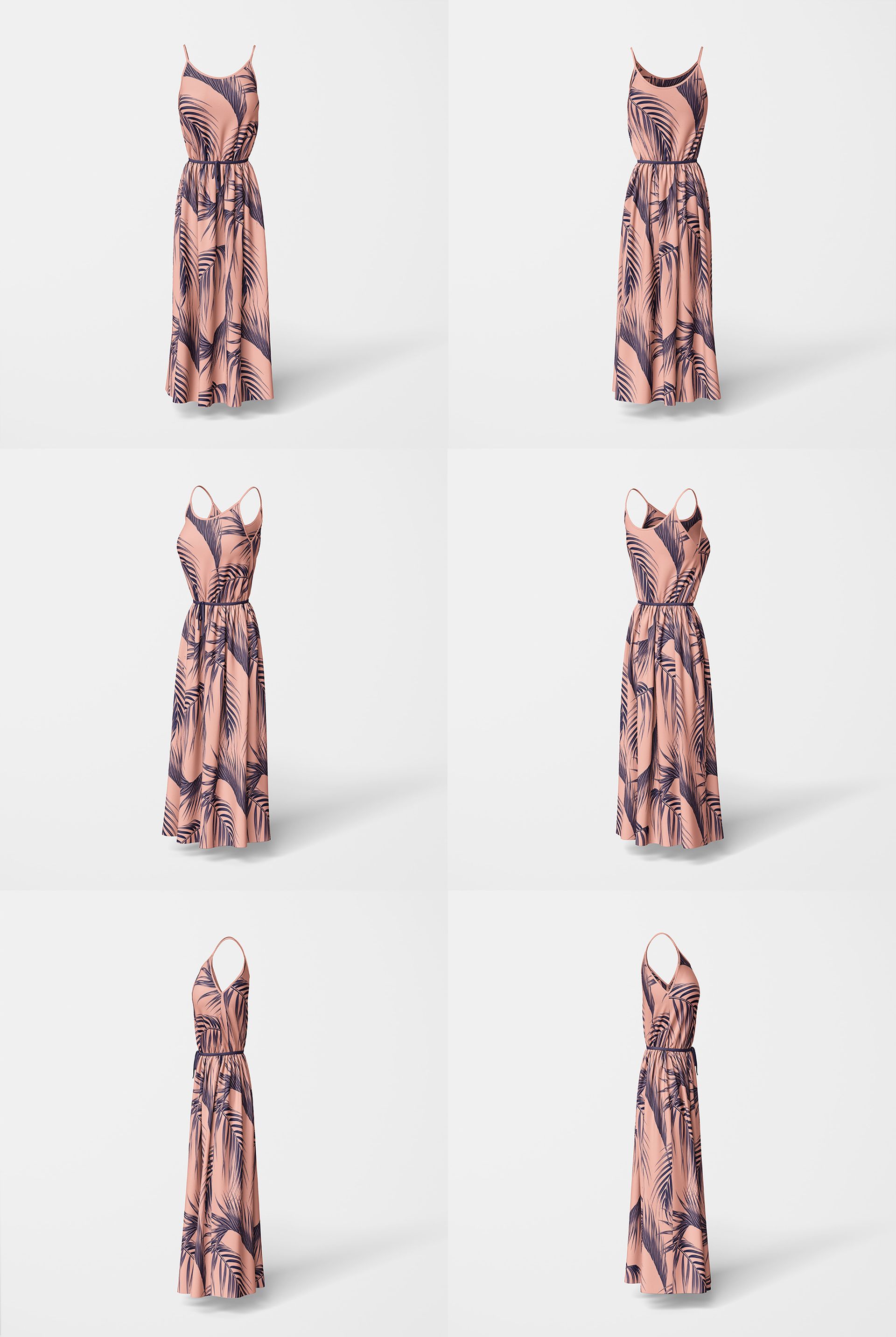 PSD mockup set featuring a sleeveless, wavy dress with an elastic waist and palm leaf print, shown in six perspectives.