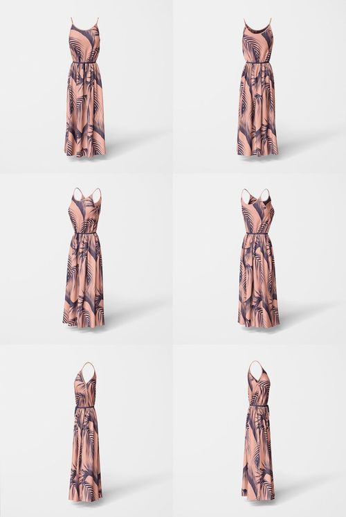 PSD mockup set featuring a sleeveless, wavy dress with an elastic waist and palm leaf print, shown in six perspectives.