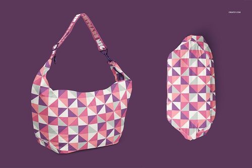 Front and side views of a crescent bag mockup featuring a colorful geometric pattern in pink, purple, and white tones.