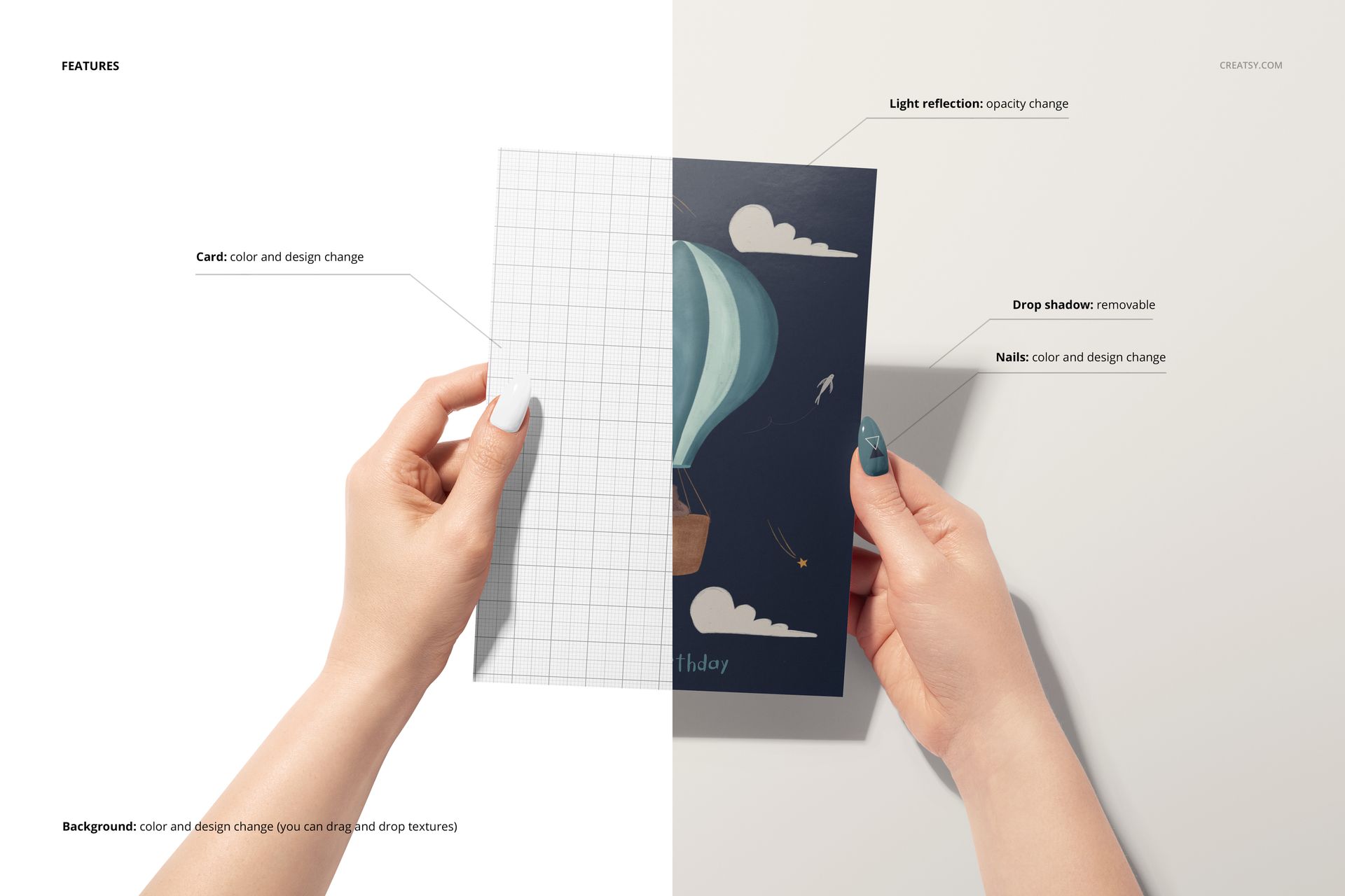 Mockup of greeting cards held by women's hands, featuring editable designs and a split background for customization.