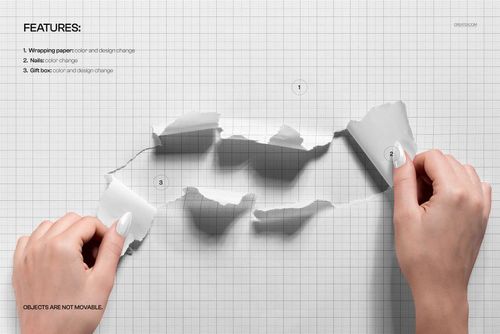 PSD mockup showing torn white wrapping paper with hands revealing a gift box, set against a grid pattern backdrop.