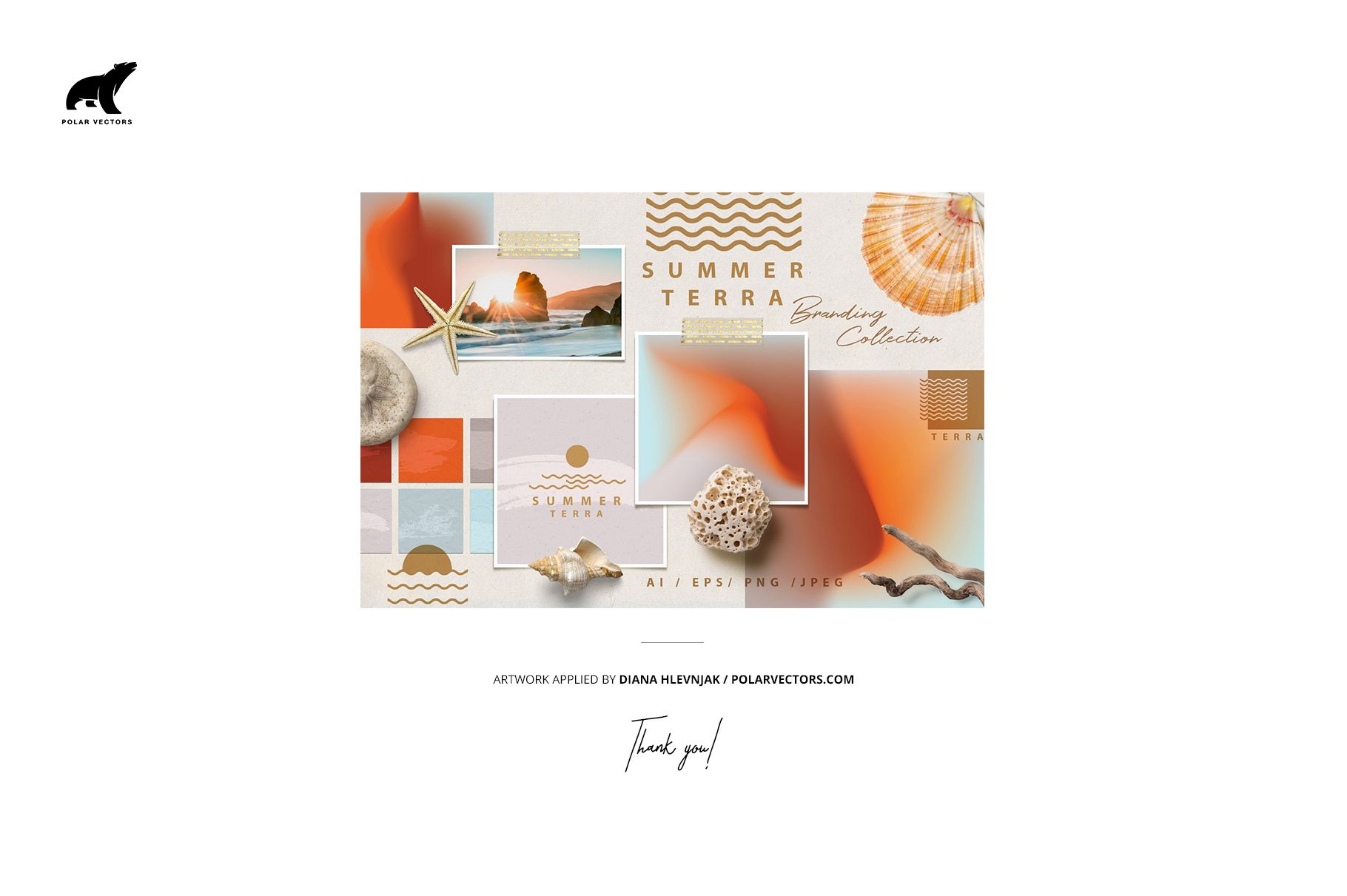 Artbook mockup set featuring a collection of stationery items with abstract patterns, seashells, and starfish on a neutral background.