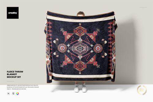 Fleece throw blanket mockup featuring intricate geometric designs in red, beige, and black, displayed by a standing figure.