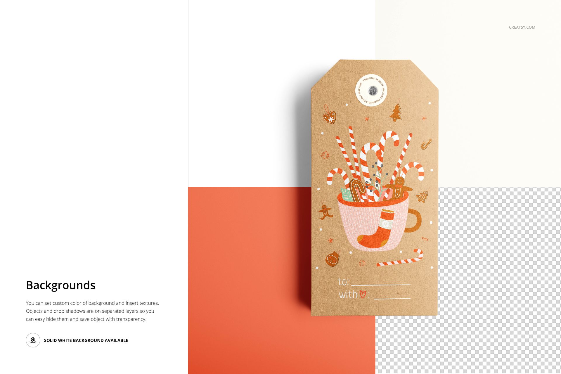 Paper label mockup with brown kraft texture, holiday-themed mug and candy canes, displayed on split backgrounds.