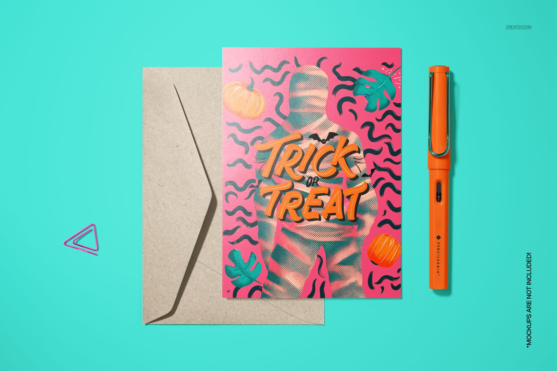 PSD mockup showing a Halloween card template with a mummy figure, pumpkins, and wavy lines on a bright surface.
