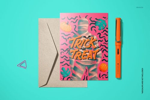 PSD mockup showing a Halloween card template with a mummy figure, pumpkins, and wavy lines on a bright surface.