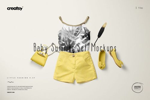 Front view of a baby summer clothing set mockup with yellow shorts, patterned top, purse, shoes, and accessories on a light background.