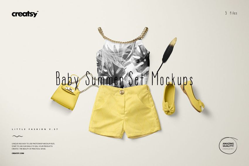 Front view of a baby summer clothing set mockup with yellow shorts, patterned top, purse, shoes, and accessories on a light background.