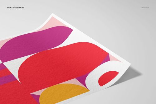 A3 fine art print mockup featuring a colorful abstract design with red, pink, yellow, and white shapes on textured paper.