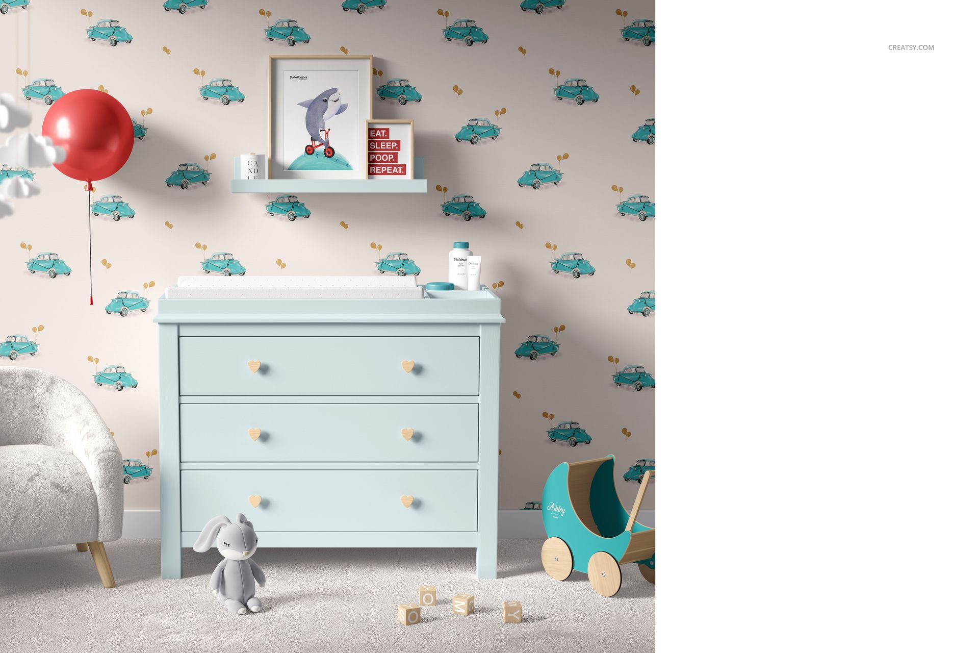 Mockup of nursery with pastel changing pad, light blue dresser, toy cart, red balloon, and illustrated wallpaper.