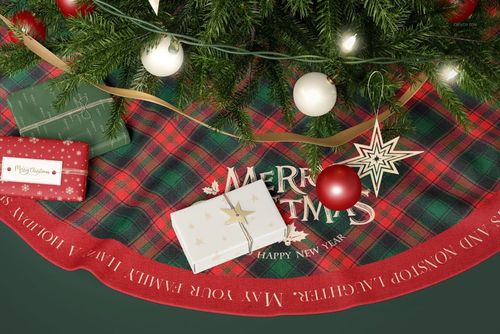 Festive Christmas tree skirt mockup featuring plaid design, holiday ornaments, and presents arranged below the tree.