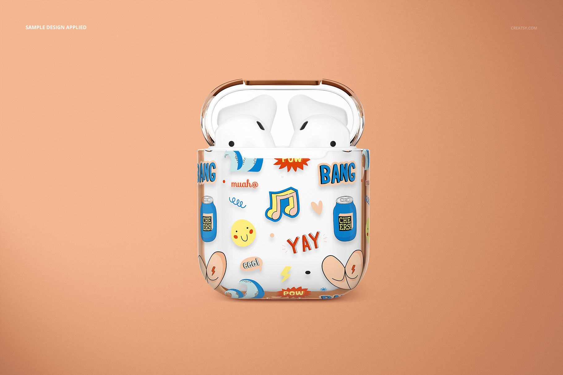 Clear AirPods case mockup featuring bright, whimsical illustrations and icons, displayed against a solid peach backdrop.
