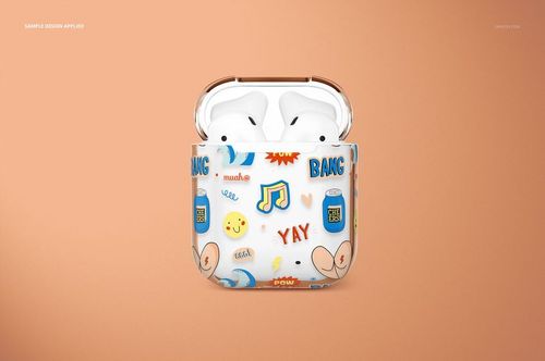 Clear AirPods case mockup featuring bright, whimsical illustrations and icons, displayed against a solid peach backdrop.