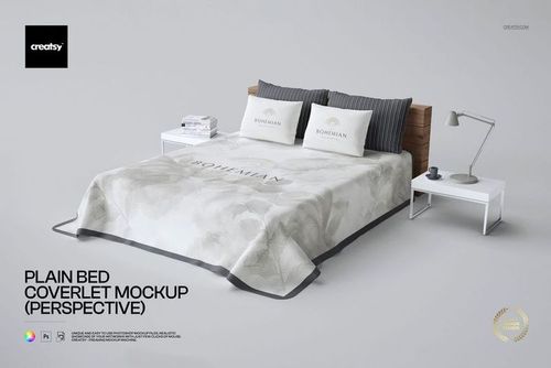 Angled view of a plain bed coverlet mockup with subtle floral patterns, coordinated pillows, and bedside tables.