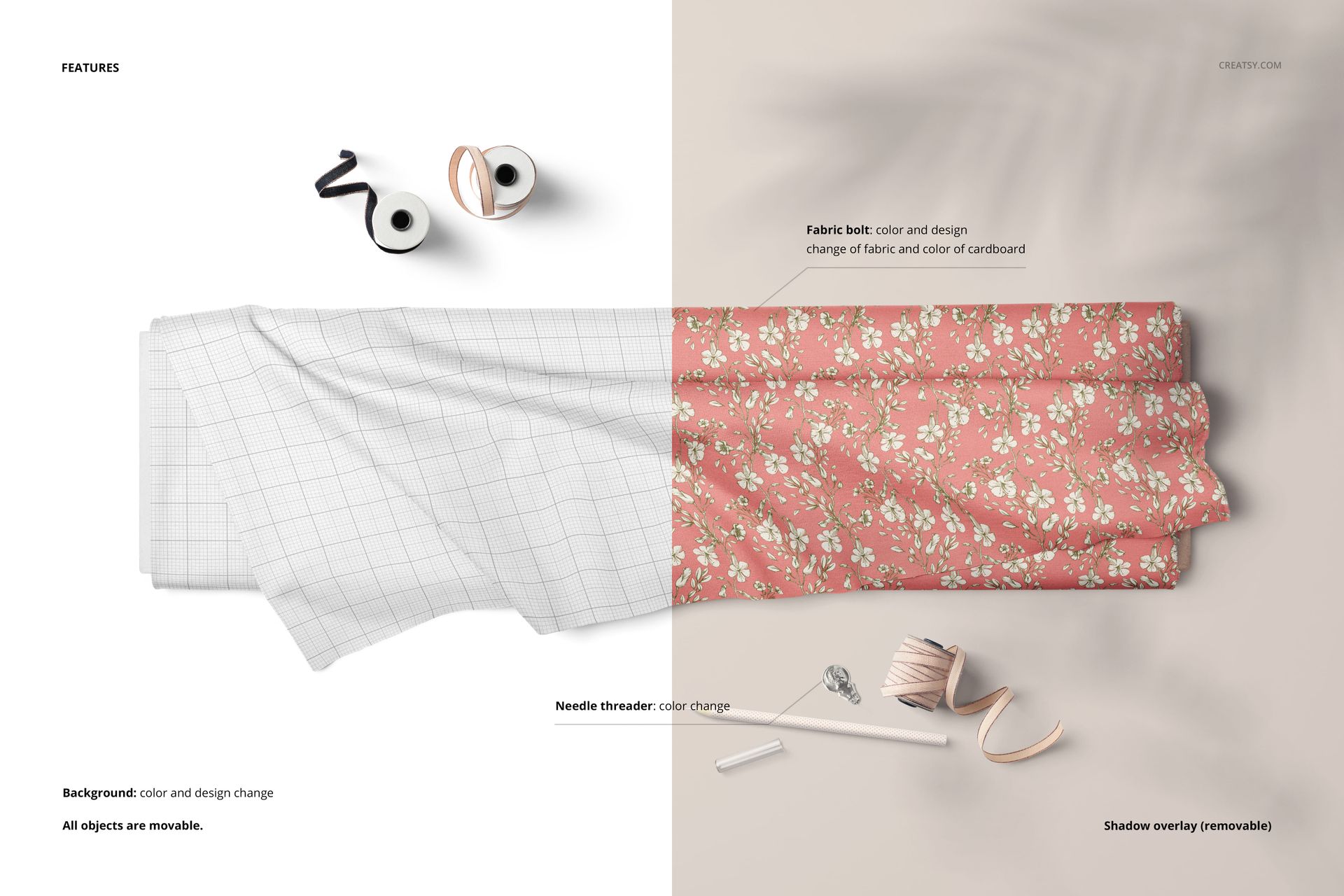 Top view of a fabric bolt mockup, showing one side with a grid pattern and the other with a pink floral design.