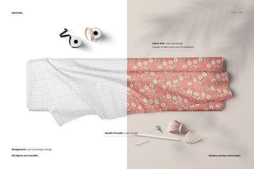 Top view of a fabric bolt mockup, showing one side with a grid pattern and the other with a pink floral design.