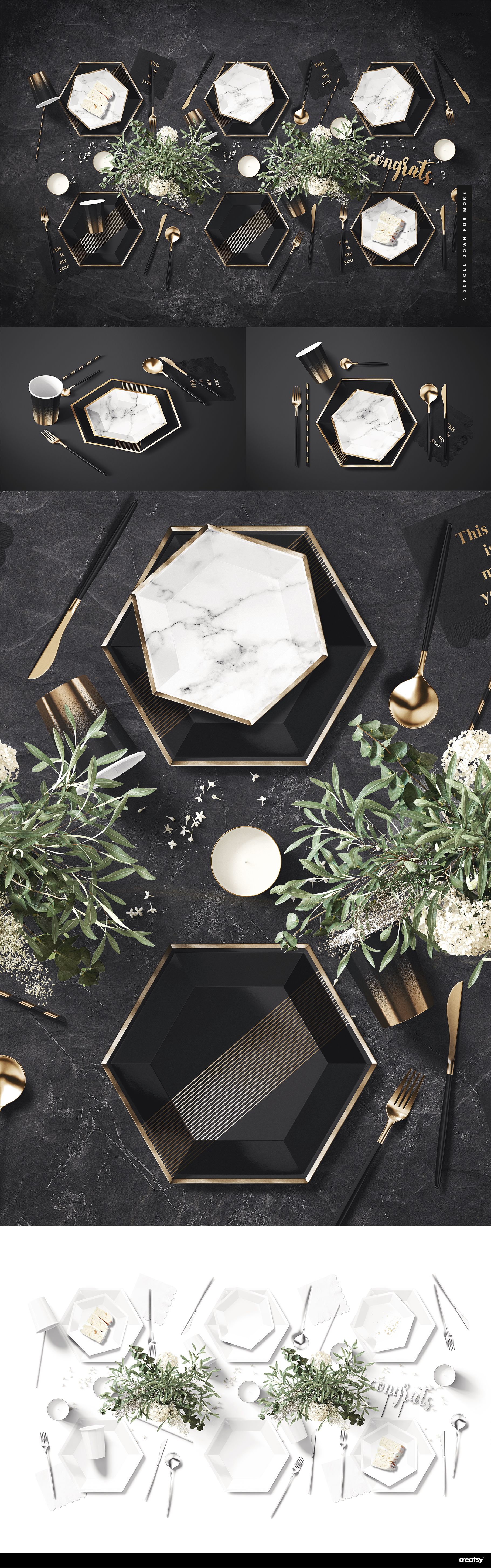 Party supplies mockup featuring hexagonal plates, gold utensils, candles, and floral decorations on a black surface.