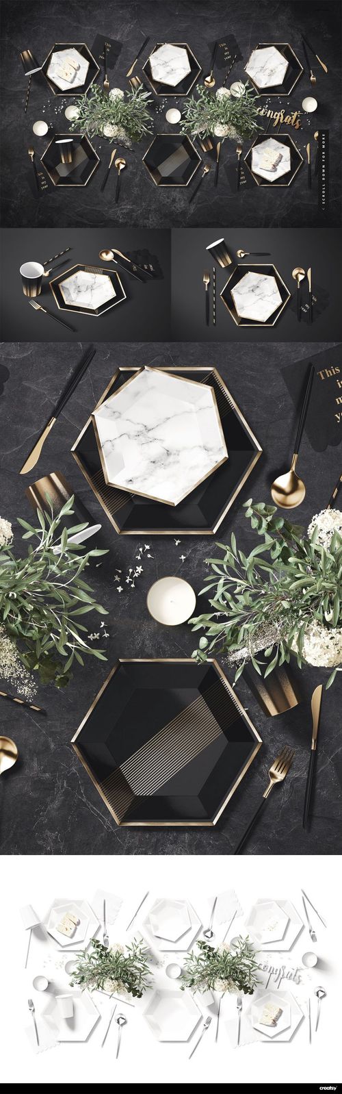 Party supplies mockup featuring hexagonal plates, gold utensils, candles, and floral decorations on a black surface.