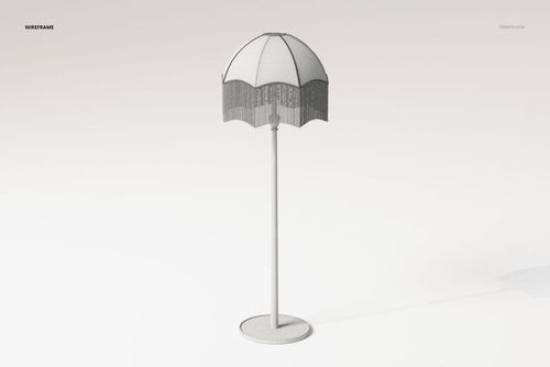 Vintage style floor lamp with a fringed shade, shown in a neutral wireframe render on a plain background.