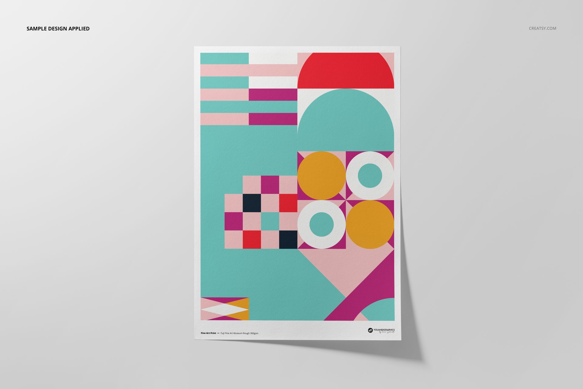 A3 fine art print mockup featuring a geometric abstract design with bold colors on a white paper, front view.