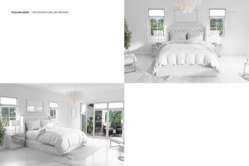 Traditional bedroom bedding mockup showing a white comforter and pillows on a tufted bed in a bright room.