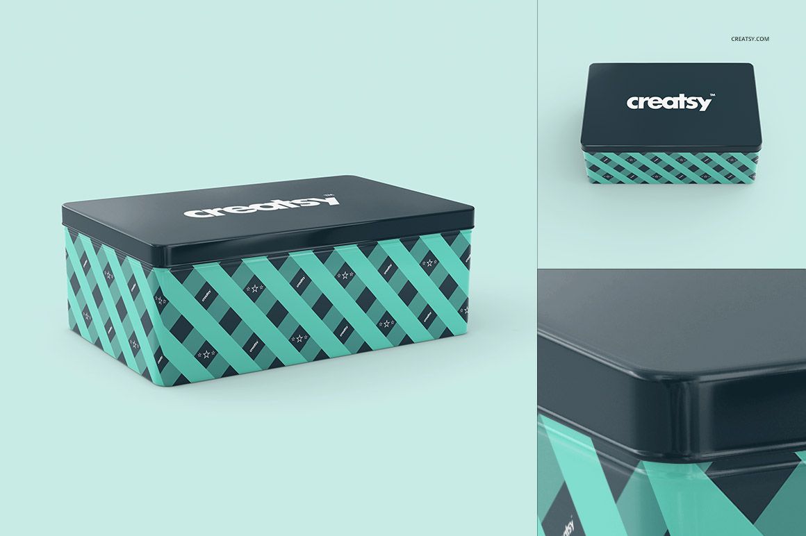 Metal box mockup featuring a black lid with white text and teal crisscross design on the container sides.